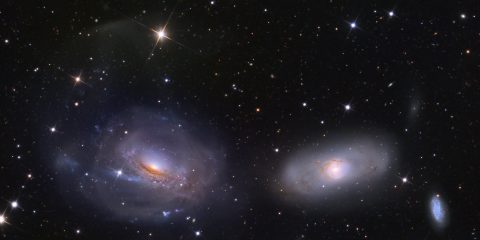 Espectroscopia de galaxias enanas en las cercanías de dos pares de galaxias en interacción